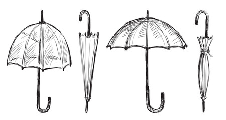 Sketches of closed and opened umbrellas, hand drawn vector illustration isolated on white - obrazy, fototapety, plakaty