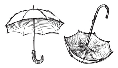 Sketches of opened umbrellas, hand drawn vector illustration isolated on white © Amili