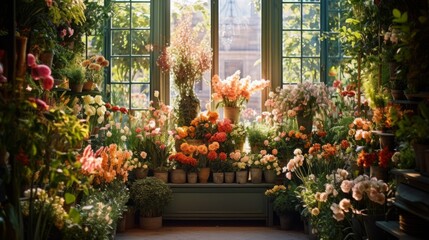 A high angle shot of a display of various flowers and plants inside the Parisian florist