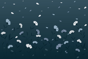 Illustration of the flower with the wind blows petals on gradient deep blue background.