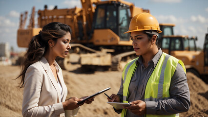 Female engineer using tablet and talking to Hispanic architect at the construction site of a real estate project. Colleagues discussing the apartment complex construction plan during Golden Hour.
