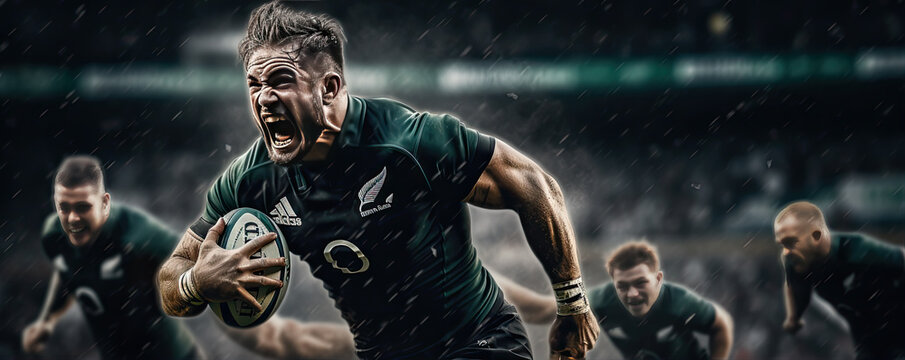 Rugby players running with ball on stadium under lights. Night play rugby game.