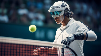 Tennis player in action during match against composite image of tennis court generativa IA