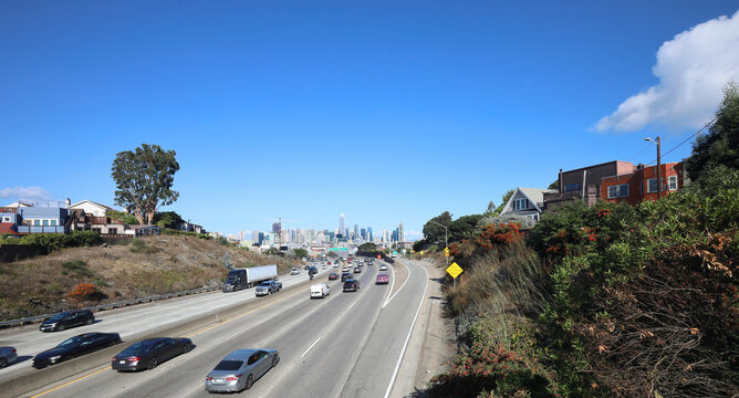 San Francisco: Panoramic general view looking at the 101 highway going north to the city. - Powered by Adobe