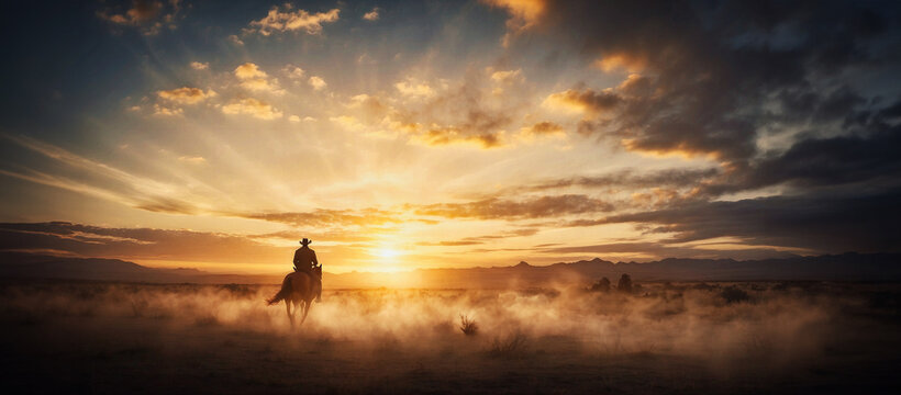 As the sun dips below the horizon, a lone cowboy on horseback rides towards the distant mountains, his silhouette casting a long shadow on the golden fields.