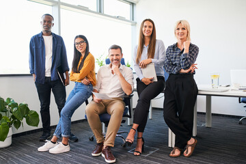 Group portrait of diverse team of colleagues at office
