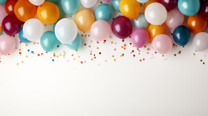 multi-colored balloons and confetti, banner or postcard for the holiday with congratulations	