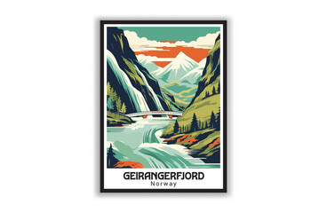 Geirangerfjord, Norway. Vintage Travel Posters. Famous Tourist Destinations Posters Art Prints Wall Art and Print Set Abstract Travel for Hikers Campers Living Room Decor