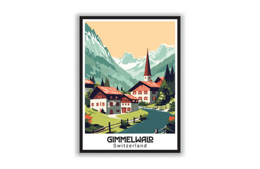 Fototapeta na wymiar Gimmelwald, Switzerland. Vintage Travel Posters. Famous Tourist Destinations Posters Art Prints Wall Art and Print Set Abstract Travel for Hikers Campers Living Room Decor