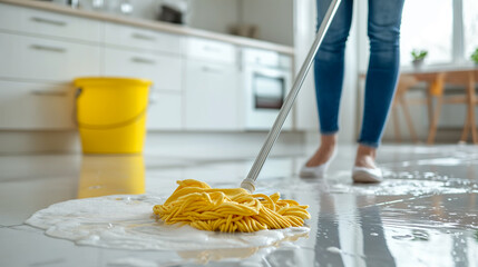 Young woman cleaning the white floor in the kitchen with a wet mop at home, copy space. unchanging concept of hygiene, bucket and lifestyle