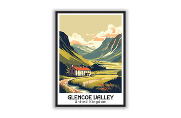 Glencoe Valley, United Kingdom. Vintage Travel Posters. Famous Tourist Destinations Posters Art Prints Wall Art and Print Set Abstract Travel for Hikers Campers Living Room Decor