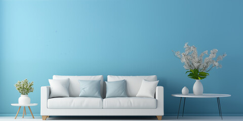 White sofa or couch with side tables on a solid blue background, banner size, fresh and calm interior