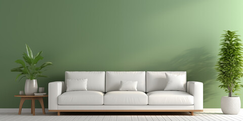 White sofa or couch with side tables on a solid green background, banner size, fresh and calm interior