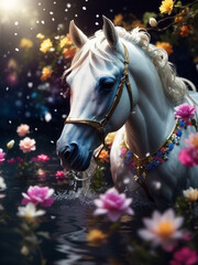 Obraz na płótnie Canvas A photo of a beautiful white horse in water at night Generative AI
