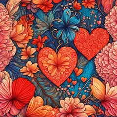 Foto op Plexiglas anti-reflex Valentine's Day hearts, flowers, design elements in red, orange, green. Intricate patterns, textures present. Mood conveys romance, passion © Oleg Kyslyi