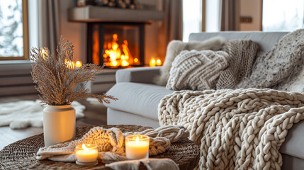 Fototapeta na wymiar cozy atmospheric room with a sofa with knitted blankets next to a fireplace with candles
