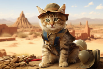 Cute cat in archaeologist suit is working - obrazy, fototapety, plakaty