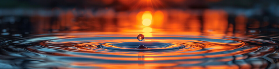 Web Header with water drop falling in the calm sea at sunset with reflections of light. Website banner for a spa, wellness center; calming rhythm concept. Zen tranquil visual to meditate; relaxation