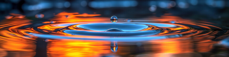 Web Header with water drop falling in the calm sea at sunset with reflections of light. Website banner for a spa, wellness center; calming rhythm concept. Zen tranquil visual to meditate; quiet yoga - obrazy, fototapety, plakaty