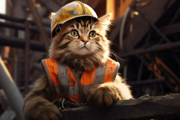 Cute cat in construction worker suit wearing safety helmet is working