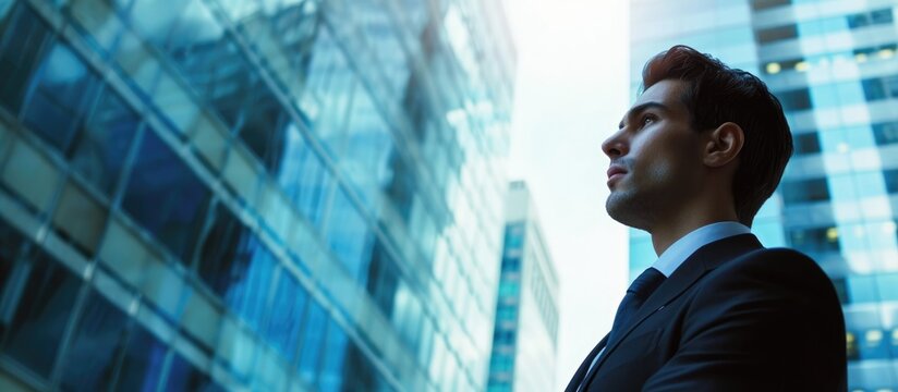 Pensive Businessman Gazes Out Windows Of Tall Office Building.