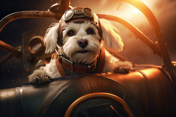 Cute dog in a pilot suit is flying a plane - obrazy, fototapety, plakaty