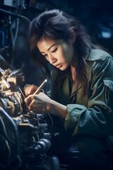 Fototapeta na wymiar Asian Female helicopter mechanic checking parts with flashlight