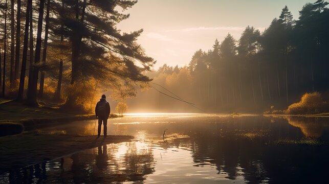 
a man is holding a fishing pole near a lake, in the style of precisionist lines, sculpted, fujifilm pro 400h, uhd image, pictorial storytelling, backlit photography,