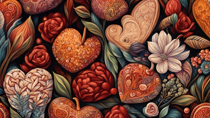 Valentine's Day Intricate design features hearts, flowers including roses, suggesting love, romance. Vibrant colors, rich textures detail this handcrafted, artisanal illustration