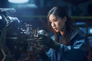 Fototapeta na wymiar Asian Female helicopter mechanic checking parts with flashlight