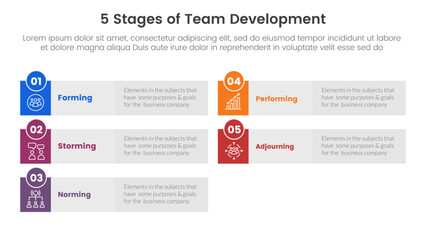 5 stages team development model framework infographic 5 point stage template with long rectangle box grey background for slide presentation