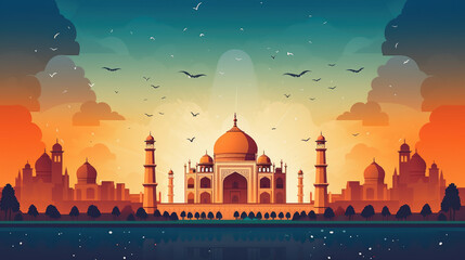 Dark background and Taj Mahal illustration, India Independence Day Celebration design. Generative ai - obrazy, fototapety, plakaty