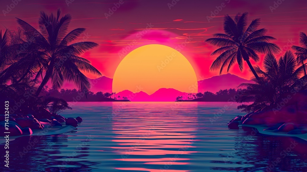 Wall mural sunset on the beach 80's retro made with ai generative technology