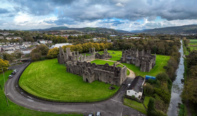 Aerial view of the ruins of Neath Abbey monastery in Skewen, Swansea, UK
