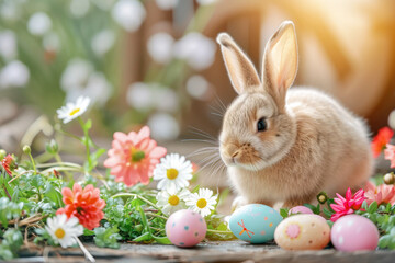 Easter setting with a fluffy rabbit, colorful Easter eggs and spring flowers.