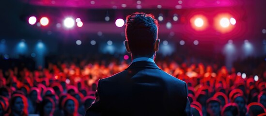 Motivational speaker discussing happiness, self, success, empowerment, efficiency, health, and productivity on stage in a large conference hall with cinematic lighting.