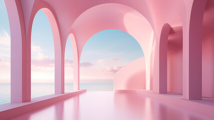 pink arches leading to the clouds, in the style of geometric aesthetics