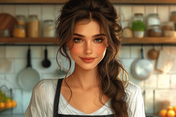 woman housewife in a white apron looks forward and smiles