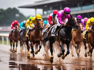 "Spirited Colors in the Rain: Dynamic Hues of Horse Racing Drama"