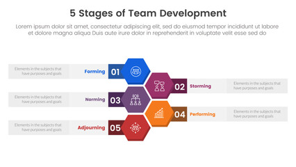 5 stages team development model framework infographic 5 point stage template with honeycomb or hexagon vertical for slide presentation