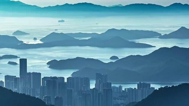 Aerial upward shot of mountain landscape and city skyline at sunrise