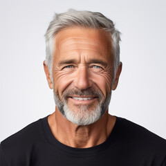 Obraz premium Studio portrait of a older man smiling with a modern haircut. Advertisement for dental, business, studio, etc.