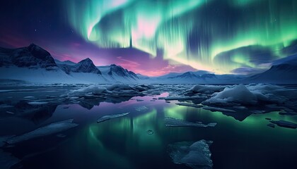 Fototapeta premium View of night sky with multicolored aurora borealis and snowy mountains peak background. Night glows in vibrant aurora reflection on the lake with forest. 