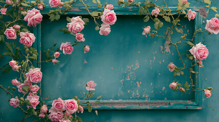 Background with pink roses around an old frame and green old wall. Vintage, romantic concept.