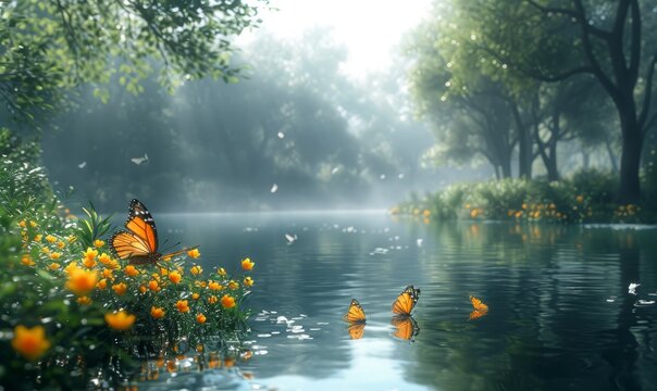 beautiful lake with beautiful butterflies sitting on the edge by the water