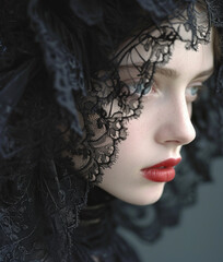 Portrait of beautiful gothic woman in black veil, vintage style