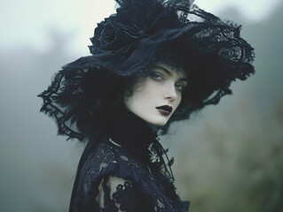 Portrait of beautiful gothic woman in black dress and hat, vintage style - Powered by Adobe