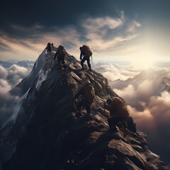 Mountain climbers reaching the summit.