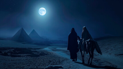 The Holy Family flees to Egypt. Nocturnal journey under the cover of darkness. Copy Space.