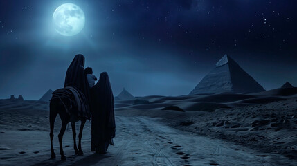 The Holy Family flees to Egypt. Nocturnal journey under the cover of darkness. Copy Space.